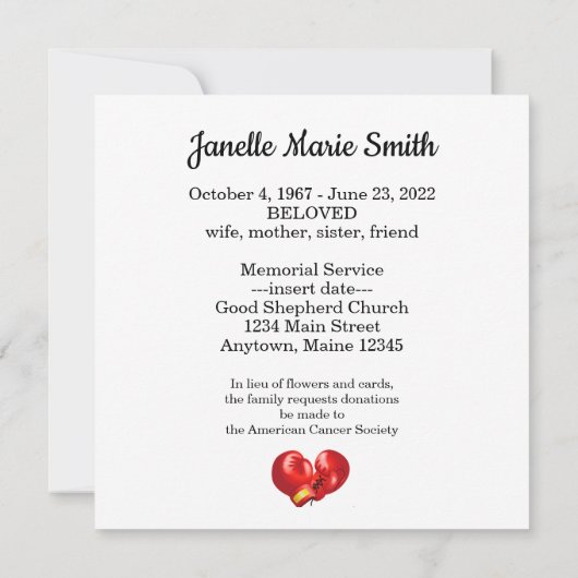 Boxing Ghandschoenen Design Memorial Kaart (Achterkant)