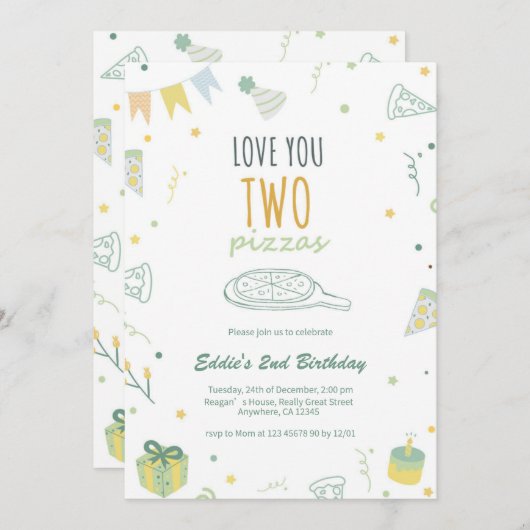 Boy 2e anniversaire Pizza Party Invitation Bleu (Devant / Derrière)