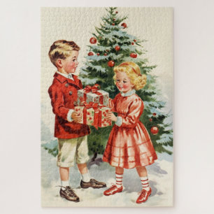 Boy and girl giving each other Christmas presents Legpuzzel