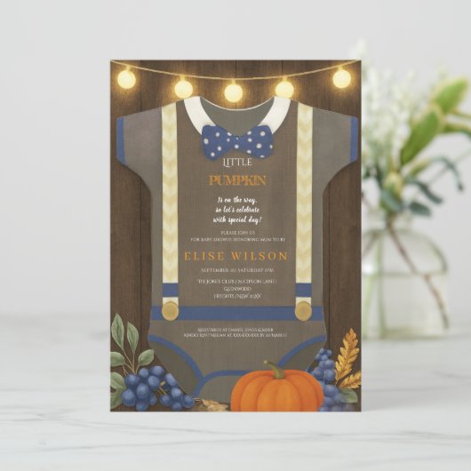 Boy baby shower Autum herfst Blue Burlap bodysuit Kaart (Staand voorkant)