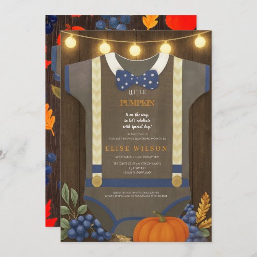 Boy baby shower Autum herfst Blue Burlap bodysuit Kaart (Voorkant / Achterkant)