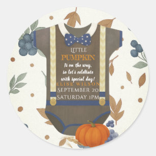 Boy baby shower Autum herfst Blue Burlap bodysuit Ronde Sticker