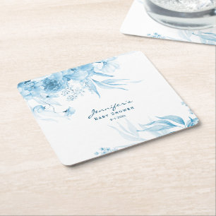 Boy Baby shower, Blauw Monochrome Stilleven Bloeme Vierkante Kartonnen Onderzetter