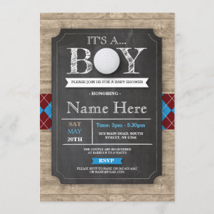 Boy Baby shower Golfbal Argyle Chalk Uitnodigen Kaart