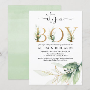 Boy baby shower groen gouden bladeren modern kaart