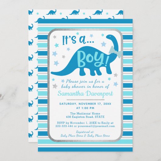 Boy Baby shower Invitation Dinosaur (Devant / Derrière)