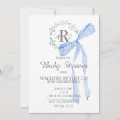 Boy Baby shower Uitnodiging Monogram & Gingham Bow (Voorkant)