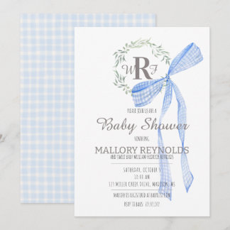 Boy Baby shower Uitnodiging Monogram & Gingham Bow