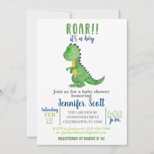 Boy Baby shower Waterverf Dinosaur Uitnodiging (Voorkant)