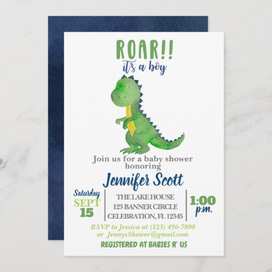 Boy Baby shower Waterverf Dinosaur Uitnodiging (Voorkant / Achterkant)