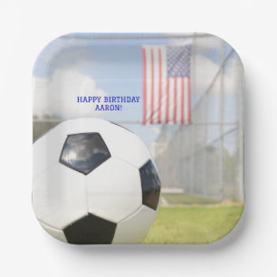 Boy Ball op het veld American Flag Soccer Birthday Papieren Bordje