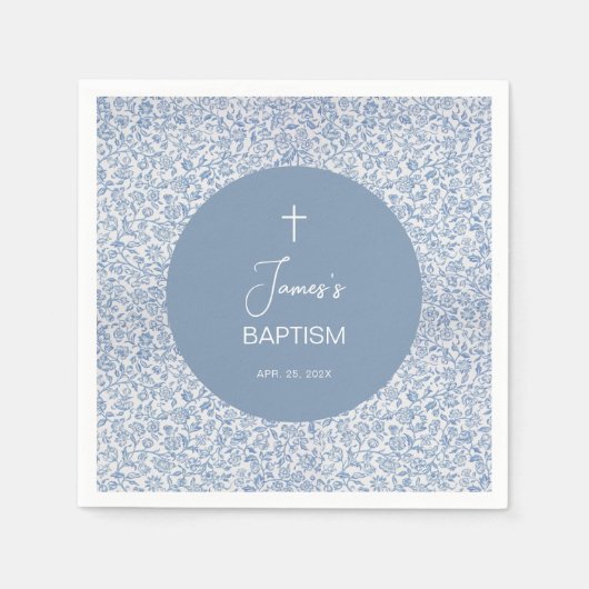 Boy Baptism Blue and White Floral Pattern Elegant Servet (Voorkant)