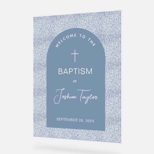 Boy Baptism Blue Arch Floral Pattern Cross Welcome (Angle)
