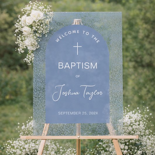 Boy Baptism Blue Arch Floral Pattern Cross Welcome