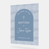 Boy Baptism Blue Arch Floral Pattern Cross Welcome Acryl Bord (Hoek)
