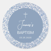 Boy Baptism Blue White Floral Pattern Christening Ronde Sticker (Voorkant)