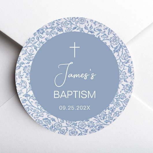 Boy Baptism Blue White Floral Pattern Christening Ronde Sticker