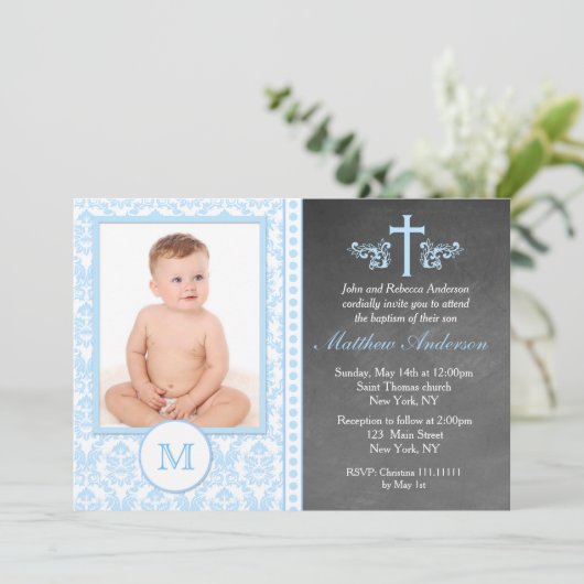 Boy Baptism Chalkboard Invitations (Debout devant)