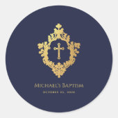 Boy Baptism Crest Navy Blue  Faux Gold Ronde Sticker (Voorkant)