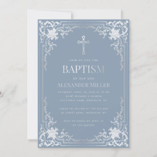 Boy Baptism Dusty Blue Elegant Faux Silver Kaart