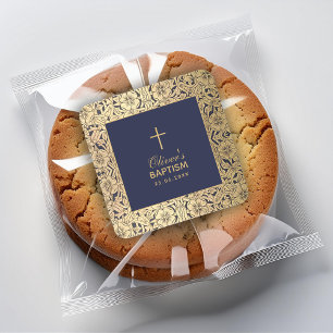 Boy Baptism Goud Rozen Navy Blue Elegant Vierkante Sticker
