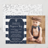 Boy Baptism Invitation Carte photo Marine Argent (Devant / Derrière)