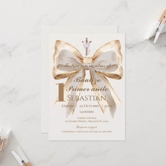 Boy Baptism Invitation in Spanish Boho Kaart (Voorkant / Achterkant in situ)