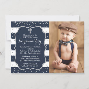 Boy Baptism Invitation Photo Card Navy Silver Kaart