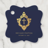 Boy Baptism Navy Blue  Crest Gold Cross Bedankjes Labels (Voorkant)