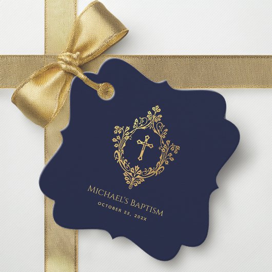 Boy Baptism Navy Blue  Crest Gold Cross Bedankjes Labels