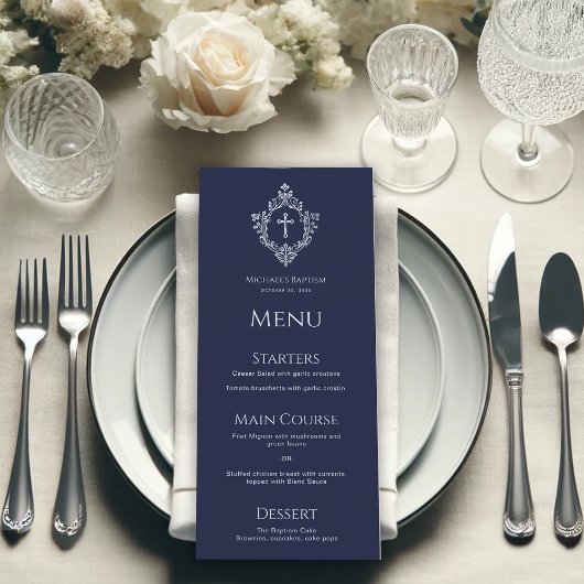 Boy Baptism Navy Blue Cross Crest  Elegant Menu