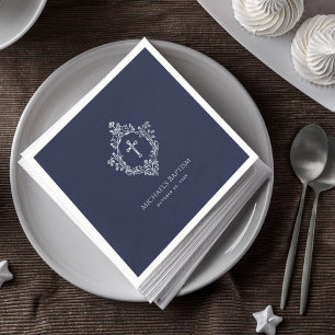 Boy Baptism Navy Blue Cross Crest  Elegant Servet