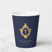 Boy Baptism Navy Blue Faux Gold Foil Crest  Papieren Bekers (Voorkant)
