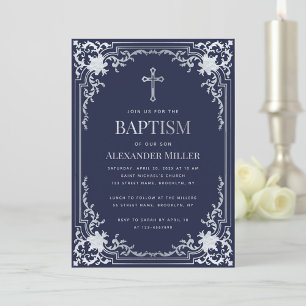 Boy Baptism Navy Blue Faux Silver Elegant Kaart