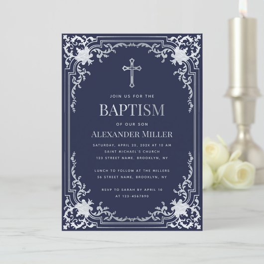 Boy Baptism Navy Blue Faux Silver Elegant Kaart