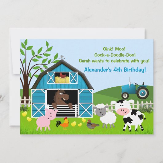 Boy Barnyard Boerderij Dieren Verjaardag Uitnodigi Kaart (Voorkant)
