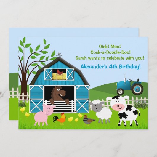 Boy Barnyard Farm Animaux Invitations d'anniversai (Devant / Derrière)