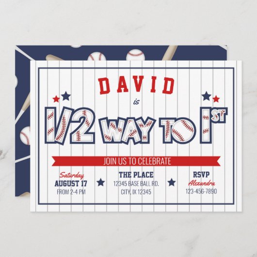 Boy Baseball 1/2 Anniversaire Invitation (Devant / Derrière)