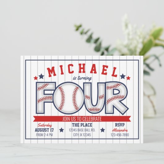Boy Baseball 4th Birthday Invitation (Debout devant)