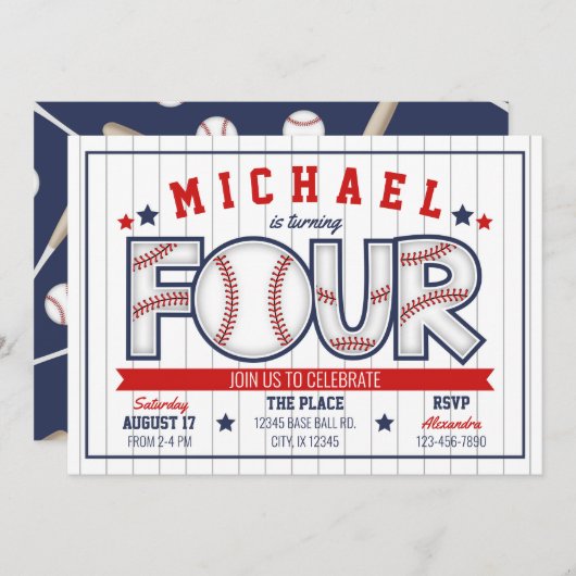 Boy Baseball 4th Birthday Invitation (Devant / Derrière)