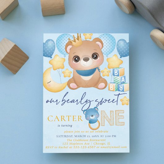 Boy Bear Blue First Birthday Invitation