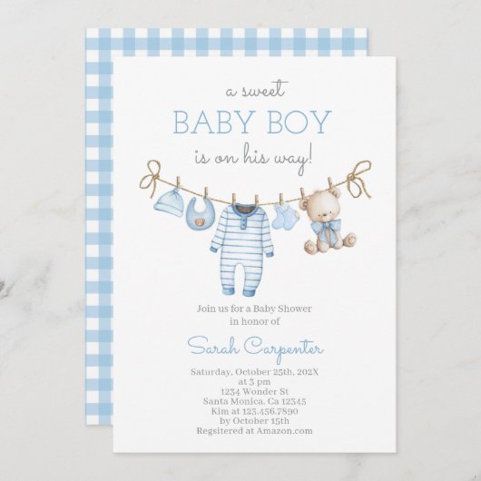 Boy Bear Clothesline Baby Shower invitation (Devant / Derrière)
