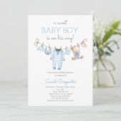 Boy Bear Clothesline Baby Shower invitation Kaart (Staand voorkant)