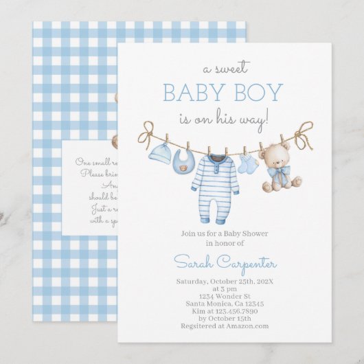 Boy Bear Clothesline Baby Shower invitation Kaart (Voorkant / Achterkant)