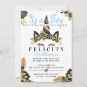 Boy Black Blue Gold Unicorn Baby shower Invitation (Devant)