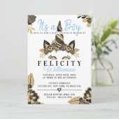 Boy Black Blue Gold Unicorn Baby shower Invitation (Debout devant)