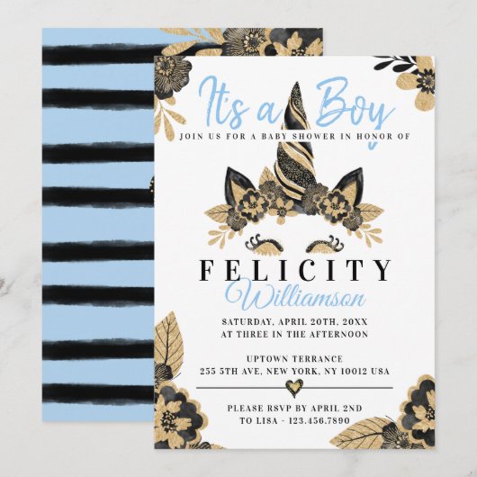 Boy Black Blue Gold Unicorn Baby shower Invitation (Devant / Derrière)