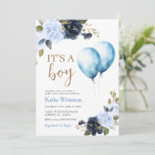 Boy Blue Balloon Floral Baby shower Kaart (Staand voorkant)