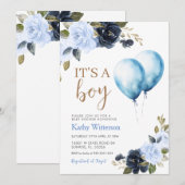 Boy Blue Balloon Floral Baby shower Kaart (Voorkant / Achterkant)