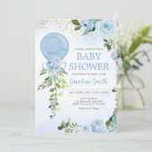 Boy Blue Balloon Greenery Baby shower Kaart (Staand voorkant)